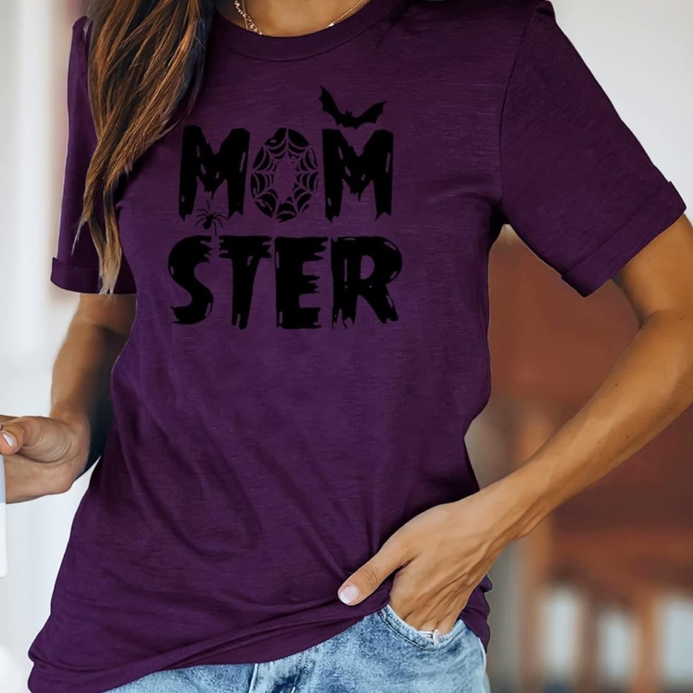 NWOT Momster T Shirt Funny Halloween Spider Bat Graphic Tee Casual Mom, Size XL
